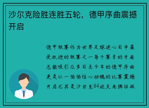 沙尔克险胜连胜五轮，德甲序曲震撼开启