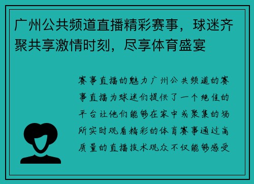广州公共频道直播精彩赛事，球迷齐聚共享激情时刻，尽享体育盛宴