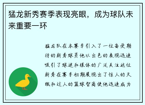 猛龙新秀赛季表现亮眼，成为球队未来重要一环